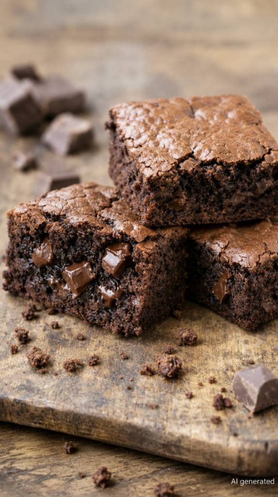 Close-up of fudgy homemade chocolate brownies with melted chocolate chunks.