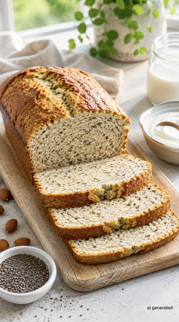 Homemade high-protein low-carb yogurt bread sliced on a wooden board for a gut-friendly breakfast.