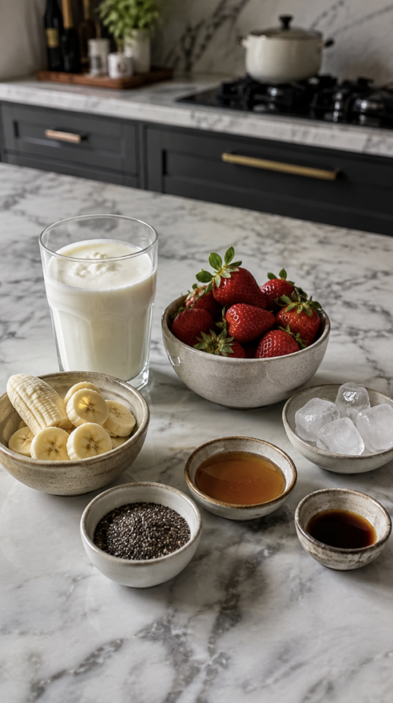 Strawberry smoothie ingredients including fresh strawberries, banana, milk, chia seeds, honey, vanilla and ice cubes.