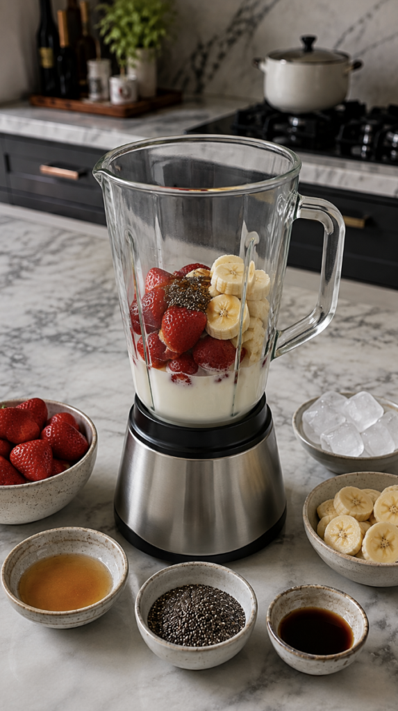 Strawberry banana smoothie ingredients in a blender with milk, fresh strawberries, banana slices and chia seeds.