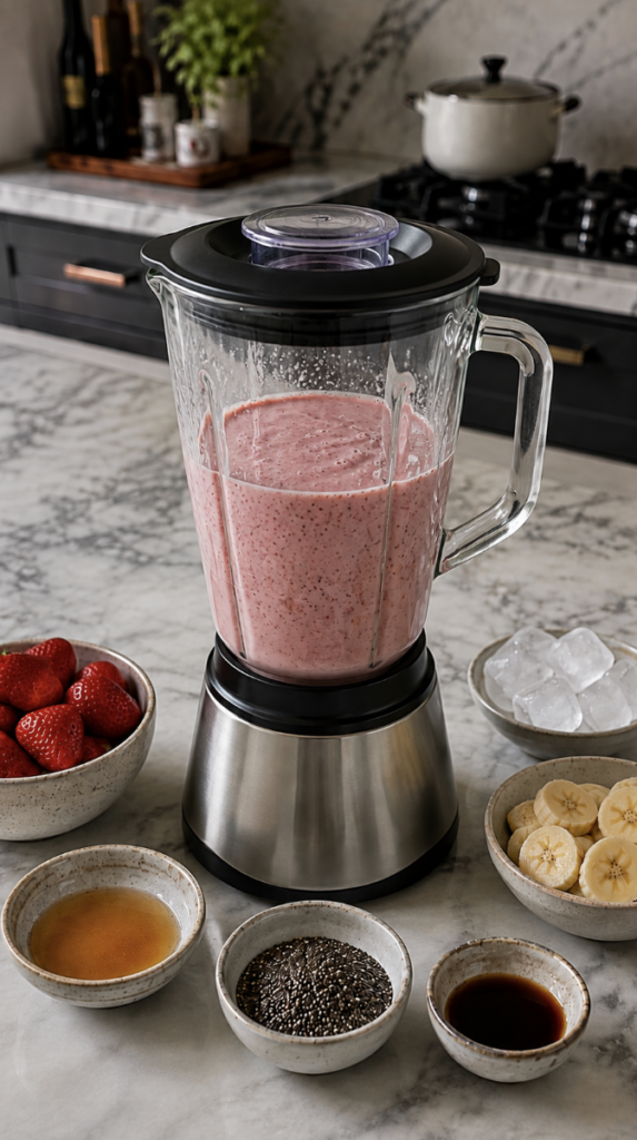 Fresh strawberry banana smoothie blended with milk and chia seeds, surrounded by strawberries, banana slices and ice.