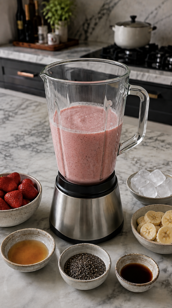 Fresh strawberry banana smoothie blended with milk and chia seeds, with strawberries, banana slices and ice nearby.