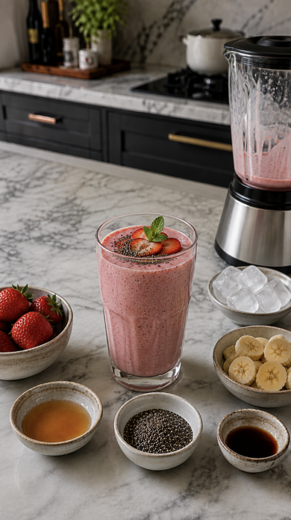 Strawberry banana smoothie topped with chia seeds, sliced strawberries and fresh mint, surrounded by fresh fruit and smoothie ingredients.