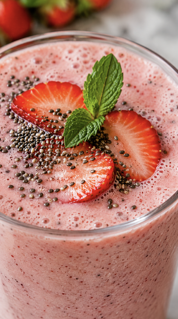 Close-up of a creamy strawberry smoothie topped with sliced strawberries, chia seeds and fresh mint.