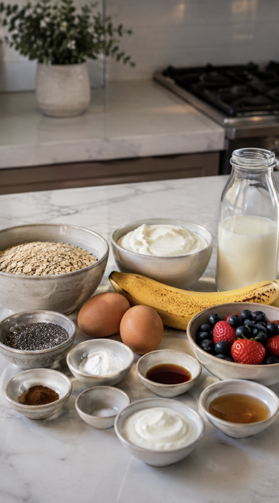 Healthy pancake ingredients including oats, Greek yogurt, milk, eggs, banana, chia seeds, berries, cinnamon and maple syrup.