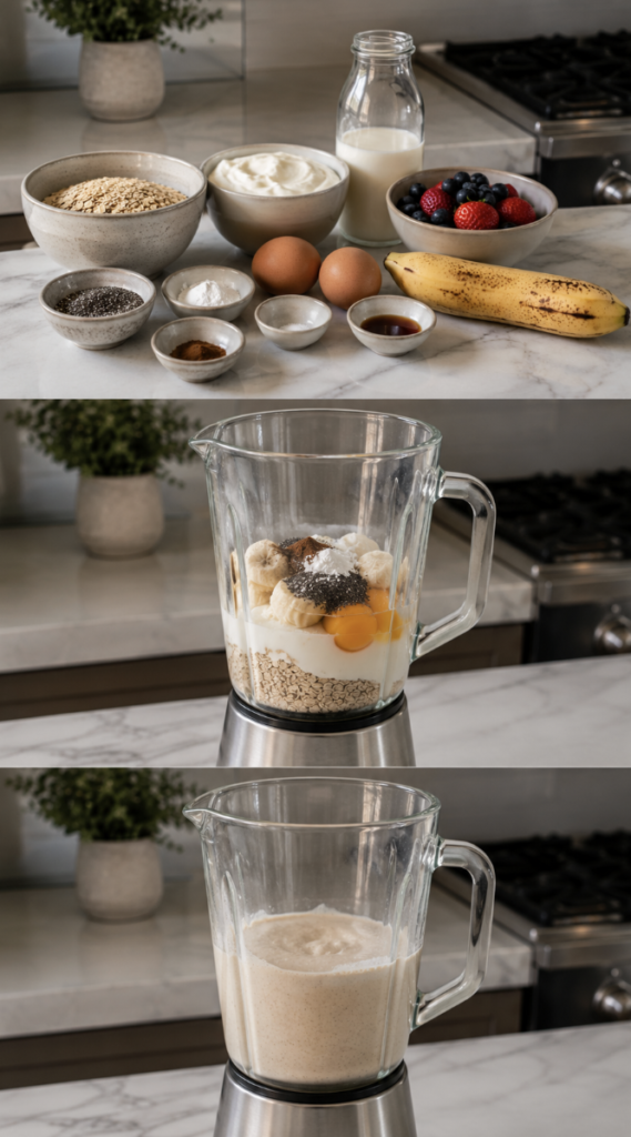 Healthy pancake ingredients blended together, including oats, banana, eggs, Greek yogurt, chia seeds and cinnamon.