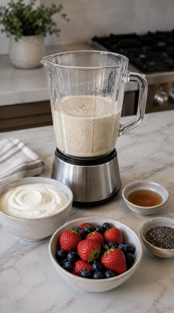 Blended healthy pancake batter with Greek yogurt, fresh strawberries, blueberries, chia seeds and maple syrup.
