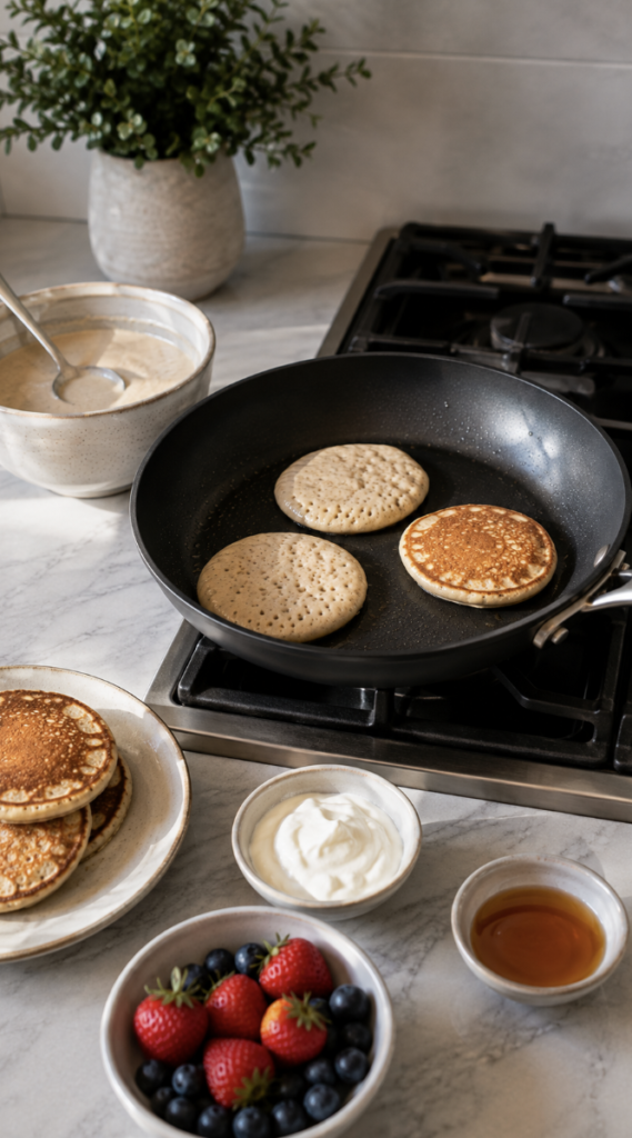 Healthy pancakes cooking in a frying pan, served with Greek yogurt, fresh berries and maple syrup.