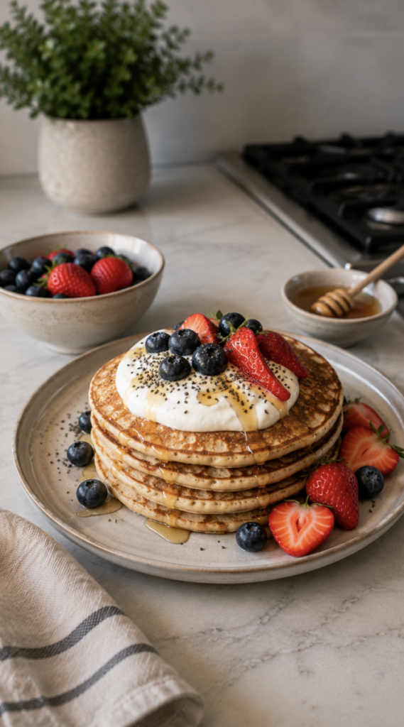 Stack of healthy pancakes topped with Greek yogurt, strawberries, blueberries, chia seeds and honey.