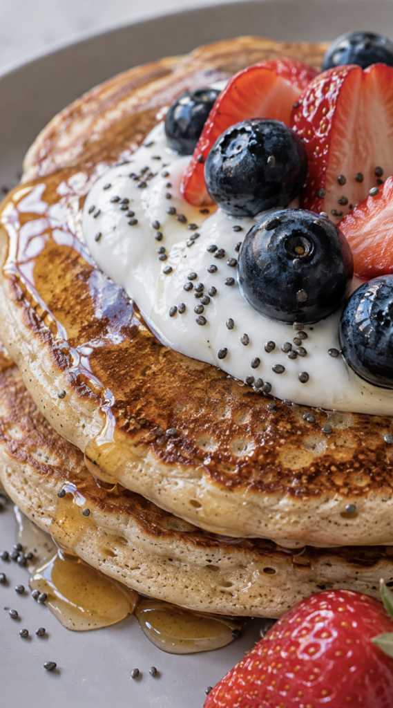 Stack of golden pancakes topped with Greek yogurt, blueberries, strawberries, chia seeds and maple syrup.