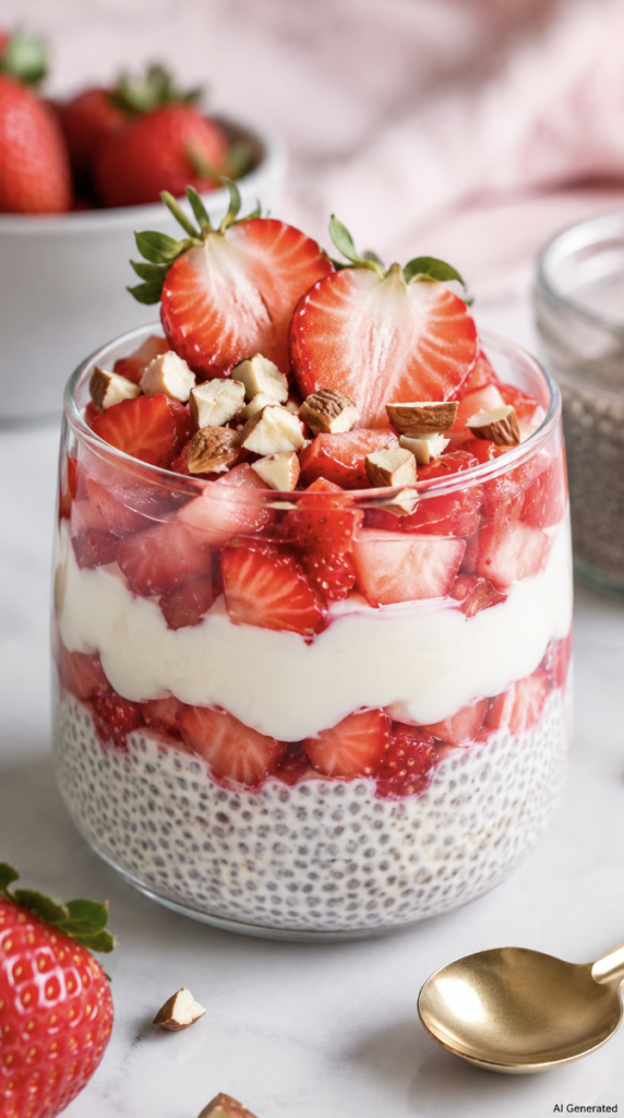Strawberry Cheesecake Chia Pudding layered with creamy vanilla chia pudding, Greek yogurt cheesecake filling, fresh strawberries, and crunchy almonds. A healthy, high-fiber, gut-friendly dessert rich in probiotics and naturally sweet flavors.