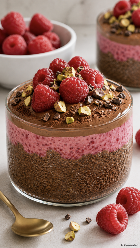 Chocolate Raspberry Chia Mousse layered with creamy chocolate chia pudding, fresh raspberry yogurt mousse, topped with raspberries, pistachios, cacao nibs, and cocoa powder. A rich, high-fiber, gut-friendly chia dessert packed with antioxidants and probiotics.