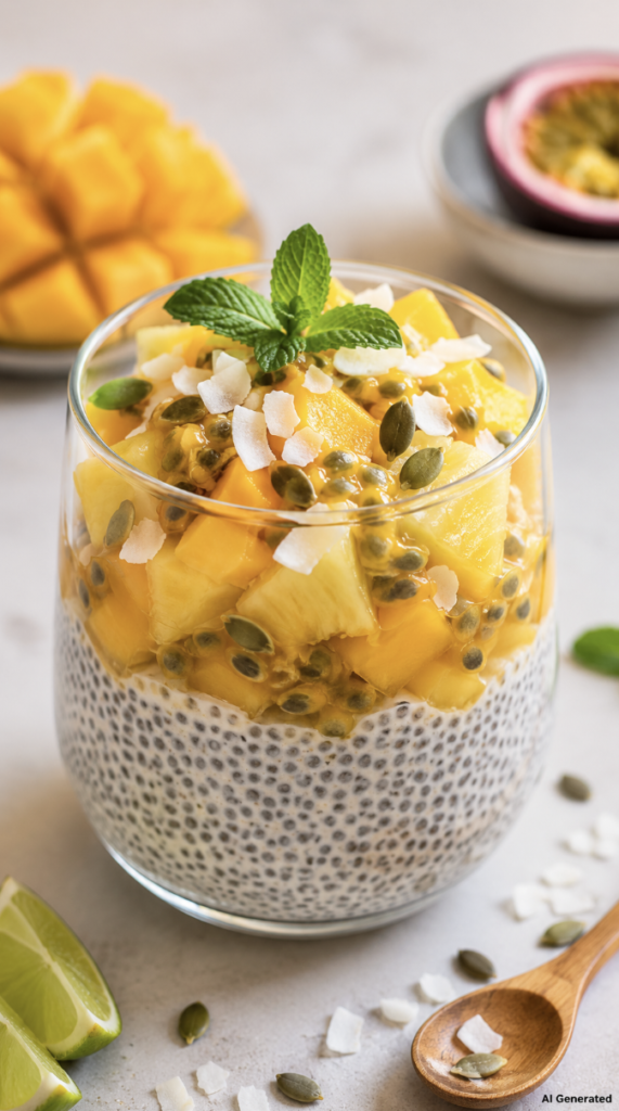 Tropical Mango Coconut Chia Parfait made with creamy coconut chia pudding, fresh mango, pineapple, passion fruit, toasted coconut flakes, pumpkin seeds, and mint in a glass. A refreshing, high-fiber, gut-friendly dessert packed with tropical flavors and healthy nutrients.