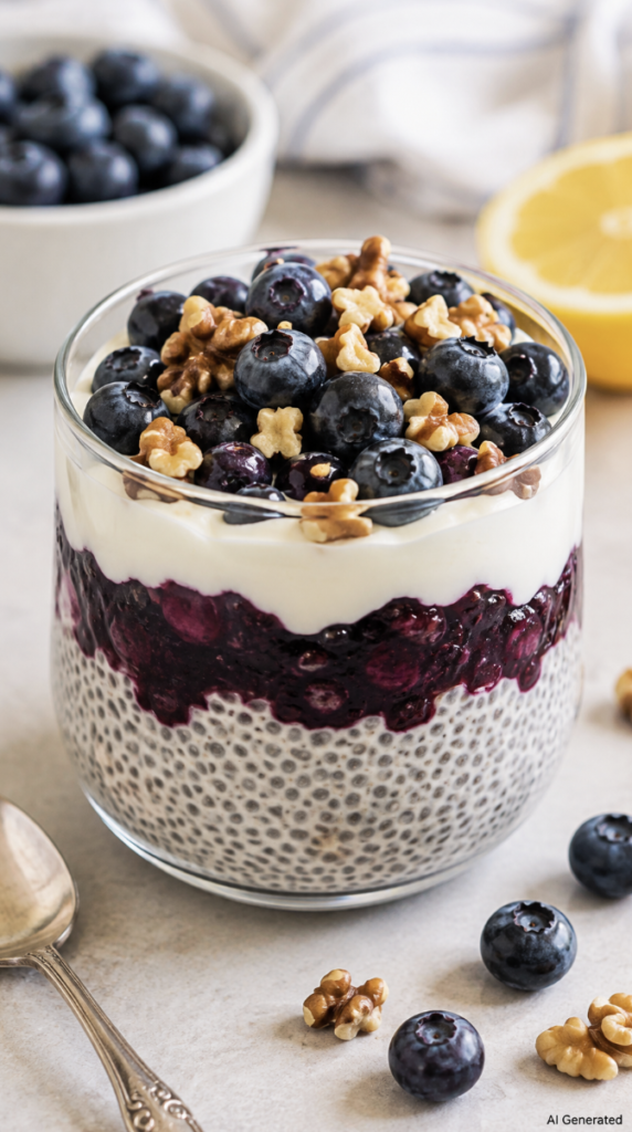 "Blueberry Lemon Chia Pudding layered with creamy chia pudding, homemade blueberry compote, Greek yogurt, fresh blueberries, and crunchy walnuts in a glass dessert cup. A healthy, high-fiber, gut-friendly breakfast or dessert rich in antioxidants and omega-3s.