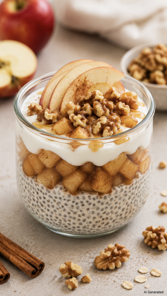 Apple Cinnamon Chia Pudding layered with creamy chia pudding, cinnamon-spiced apples, Greek yogurt, maple walnuts, and fresh apple slices in a glass jar. A healthy, high-fiber dessert rich in omega-3s and gut-friendly ingredients.