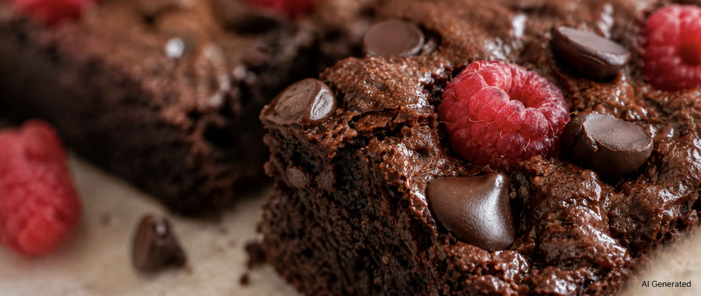 Fudgy healthy chocolate brownies topped with dark chocolate chunks and fresh raspberries.