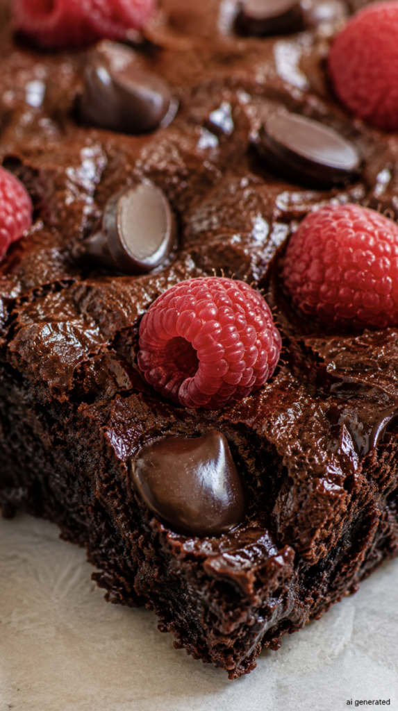 Ultra-realistic close-up of a rich, fudgy chocolate brownie topped with fresh raspberries and dark chocolate chunks, featuring a gooey center and a crackly chocolate crust.

