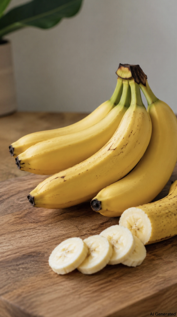 Ripe yellow bananas on a wooden cutting board with freshly sliced banana pieces, photographed in soft natural light. A realistic portrait image illustrating one of the best fruits for gut health and healthy digestion.