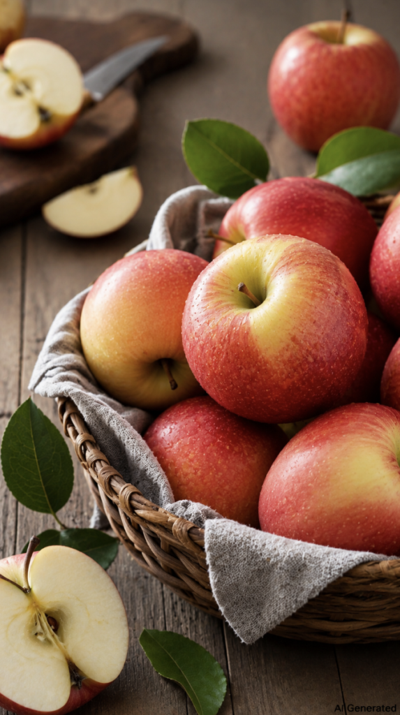 Fresh red apples in a rustic basket on a wooden table with sliced apples and green leaves, photographed in soft natural light. A realistic portrait image representing one of the best fiber-rich fruits for gut health, healthy digestion, and a balanced gut microbiome.