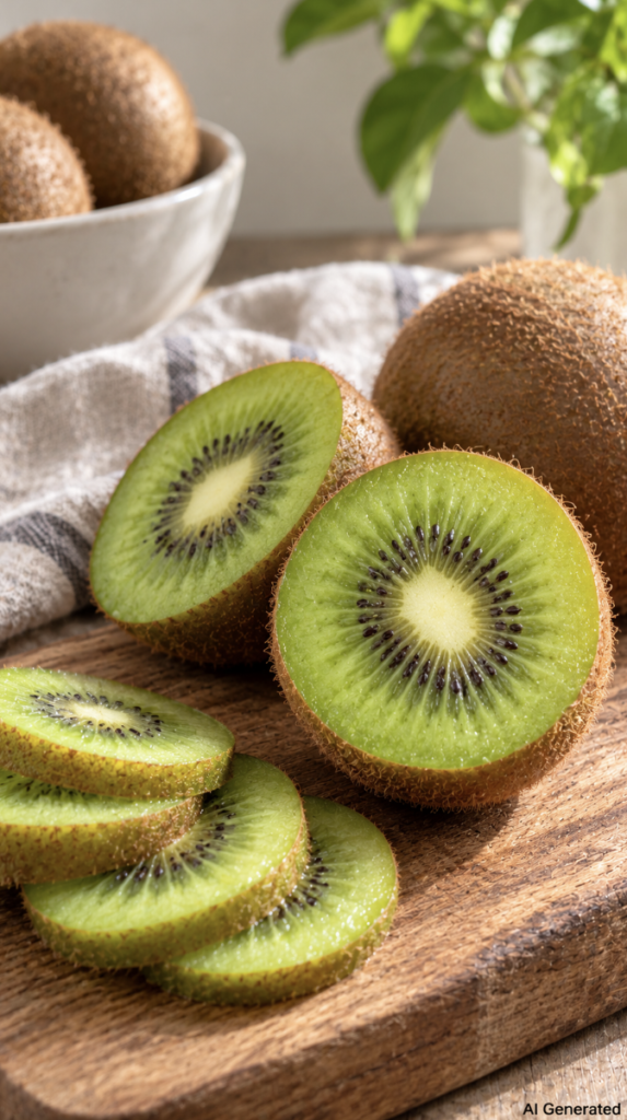 Fresh whole and sliced kiwi fruit on a rustic wooden board in soft natural light. A realistic portrait image showcasing kiwi as a fiber-rich fruit that supports gut health, healthy digestion, and a balanced gut microbiome.
