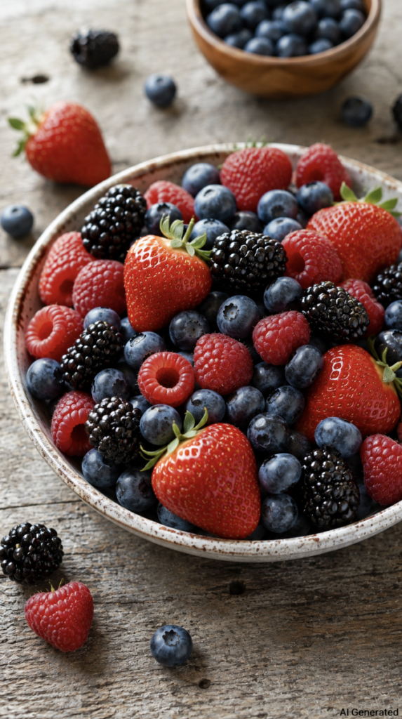 Fresh mixed berries including strawberries, blueberries, raspberries, and blackberries in a rustic ceramic bowl on a wooden table. A realistic portrait image highlighting antioxidant-rich, fiber-packed berries that support gut health, healthy digestion, and a balanced gut microbiome.