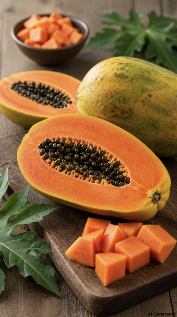 Fresh ripe papaya cut in half on a rustic wooden board, with vibrant orange flesh, black seeds, and sliced papaya pieces in soft natural light. A realistic portrait image highlighting papaya as a nutrient-rich tropical fruit that supports gut health, healthy digestion, and a balanced gut microbiome.
