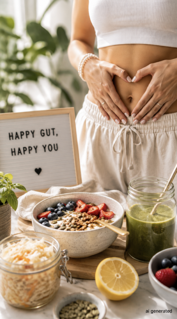 Woman supporting her gut health naturally with fermented foods, berries, yogurt and a green smoothie
