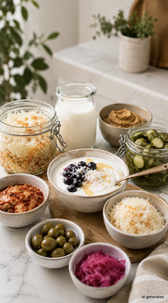 **Alt Text:**
`Fermented foods for gut health including yogurt, kimchi, sauerkraut, pickles and kefir`

