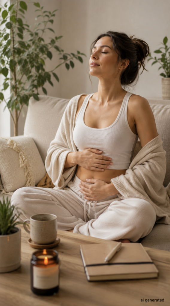 **Alt Text:**
`Woman practicing mindful breathing to reduce stress and support gut health naturally`
