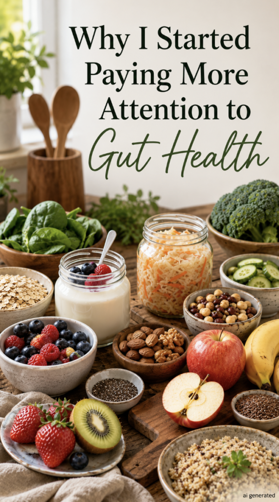A selection of gut-friendly foods, including yogurt, sauerkraut, berries, oats, nuts, seeds, legumes, broccoli, apples, bananas, and kiwi, arranged on a wooden table in a bright kitchen. The image features the title “Why I Started Paying More Attention to Gut Health.”