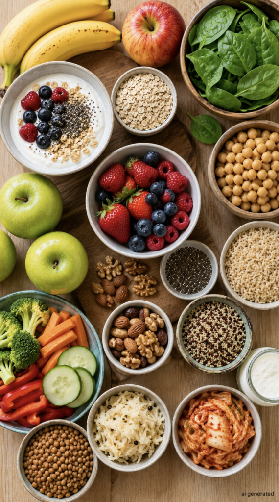 Colorful assortment of gut-friendly foods including berries, apples, bananas, yogurt, oats, chia seeds, nuts, chickpeas, whole grains, fresh vegetables, sauerkraut and kimchi arranged in bowls on a wooden table.