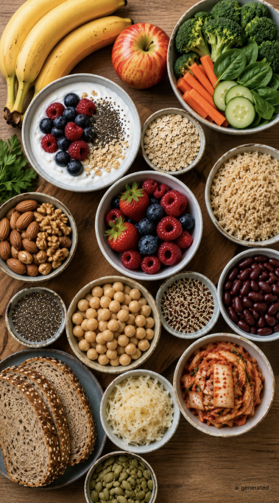 Colorful selection of high-fiber, gut-friendly foods including berries, bananas, apples, oats, chia seeds, nuts, chickpeas, beans, whole grains, vegetables, whole-grain bread, sauerkraut and kimchi arranged on a wooden table.