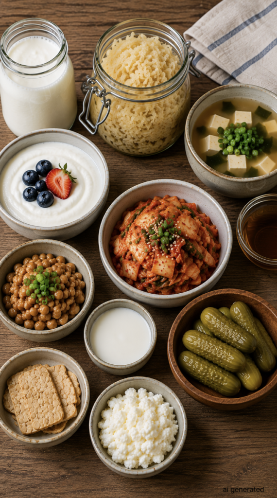 A selection of fermented foods, including kimchi, sauerkraut, natural yogurt, kefir, pickled vegetables, and miso, beautifully arranged in bowls and jars on a rustic wooden table.