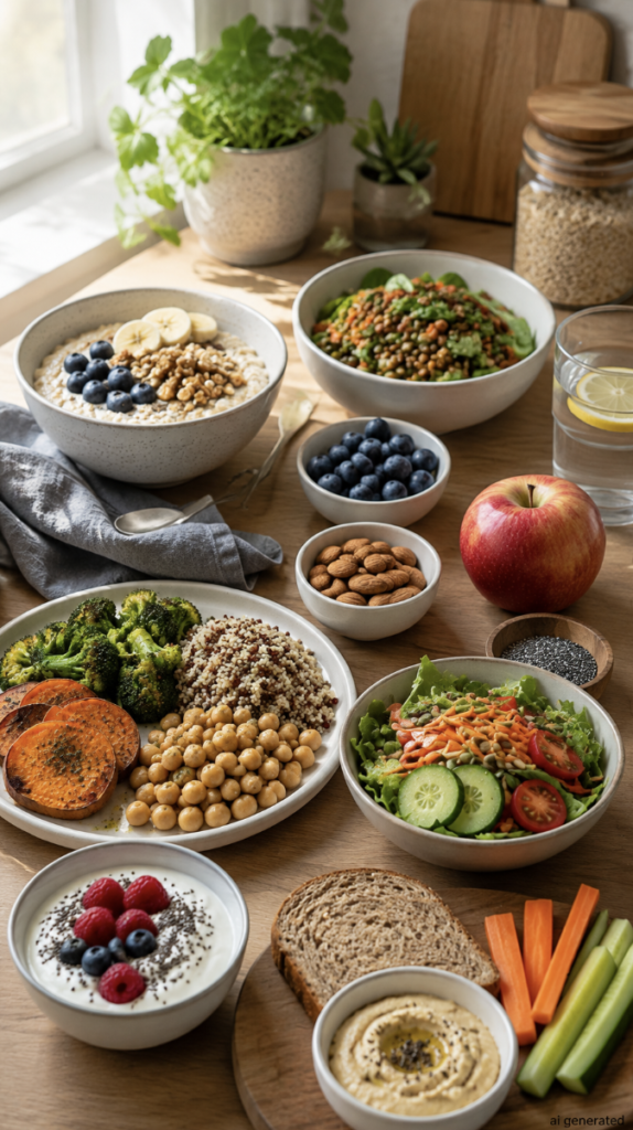 A colorful spread of gut-friendly foods, including oats, berries, yogurt, lentils, chickpeas, whole grains, vegetables, nuts, seeds, fruit, hummus, and whole-grain bread on a bright kitchen table.