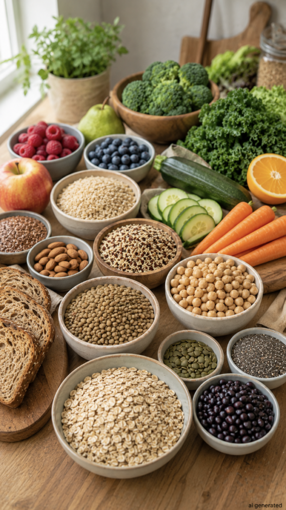 A colorful selection of fiber-rich foods, including oats, lentils, chickpeas, whole grains, seeds, nuts, berries, apples, broccoli, kale, carrots, and whole-grain bread arranged on a wooden kitchen table.