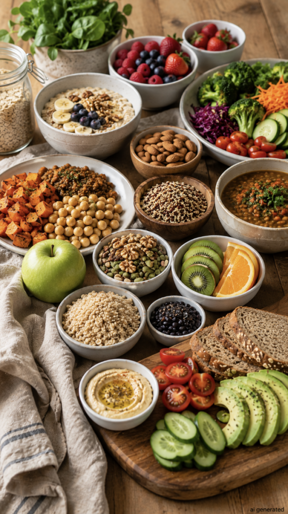 A colorful variety of wholesome foods, including berries, oats, vegetables, lentils, chickpeas, whole grains, nuts, seeds, fruit, avocado, hummus, and whole-grain bread arranged on a wooden table.