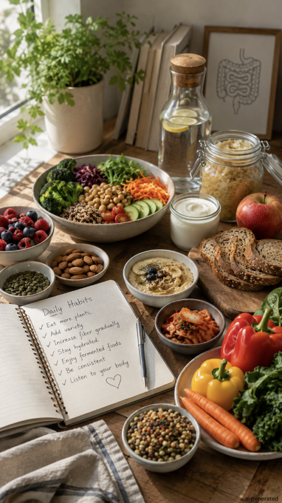 A bright kitchen table filled with gut-friendly foods, including fresh vegetables, berries, whole grains, legumes, nuts, seeds, yogurt, fermented vegetables, and water, alongside a notebook with simple healthy eating habits.