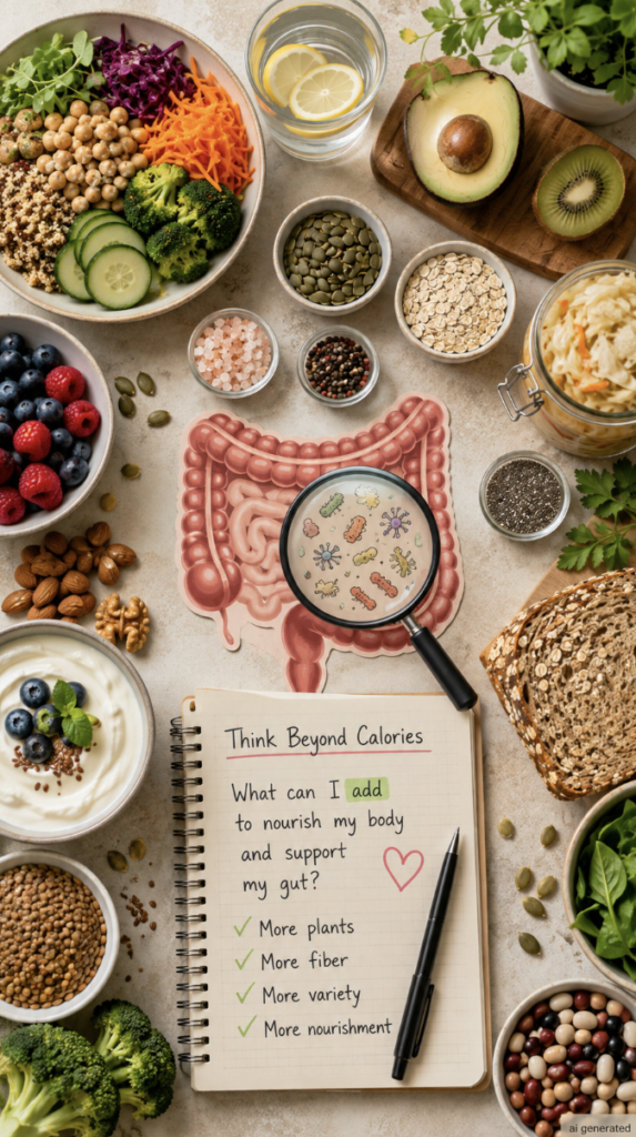 A gut health illustration surrounded by fiber-rich foods, including vegetables, berries, oats, beans, seeds, avocado, yogurt, fermented foods, and whole-grain bread, representing a nourishing approach beyond simply counting calories.