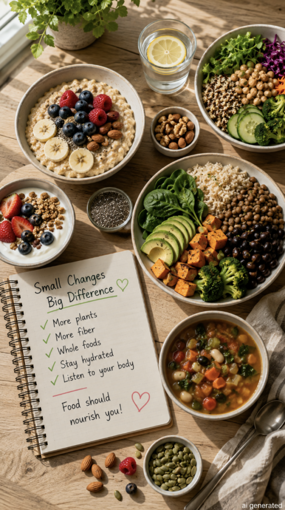 A colorful spread of gut-friendly foods including oatmeal with berries and nuts, yogurt with fruit, lentils, beans, vegetables, avocado, whole grains, chia seeds, and lemon water, representing simple, fiber-rich choices for healthy digestion.
