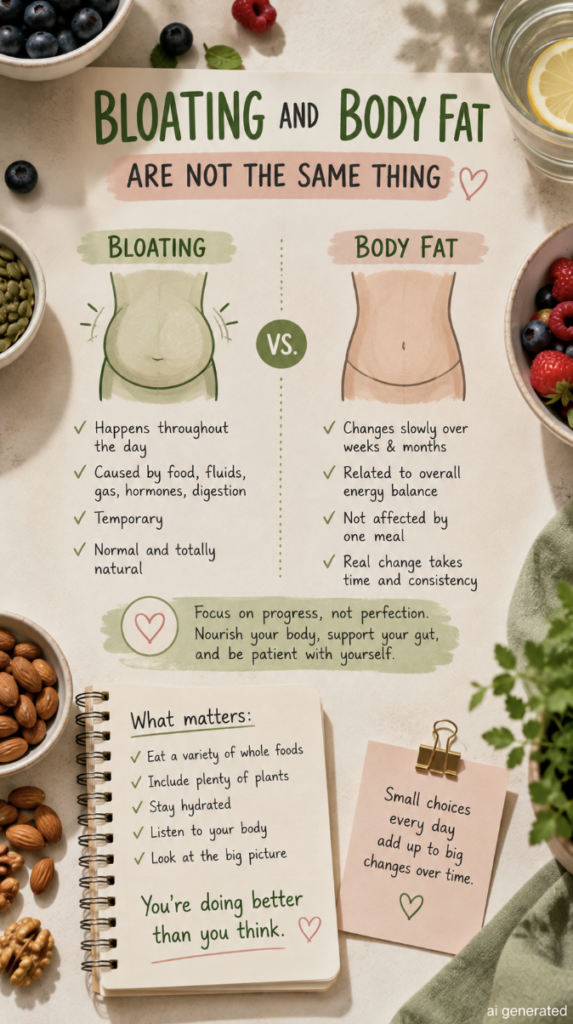 A wellness infographic explaining the difference between bloating and body fat, surrounded by nutritious foods such as berries, nuts, seeds, and lemon water, with simple reminders about digestion, hydration, balanced eating, and long-term healthy habits.