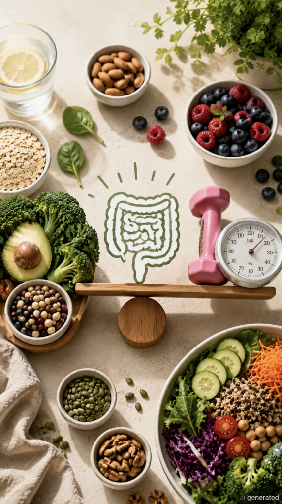 A balanced gut health concept featuring fiber-rich foods, berries, oats, nuts, seeds, vegetables, and legumes alongside a gut symbol, exercise weight, and scale, representing the connection between digestion, nutrition, and healthy weight management.