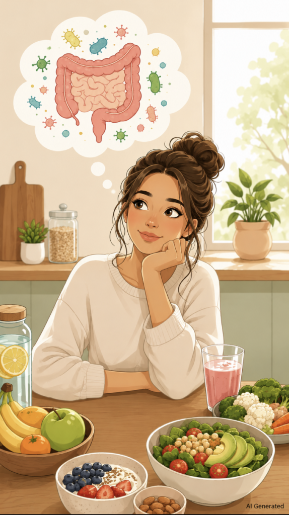 Illustration of a woman sitting in a bright kitchen surrounded by nutritious foods, including fresh fruit, vegetables, yogurt, nuts, salad, and a smoothie, while thinking about gut health and the gut microbiome.