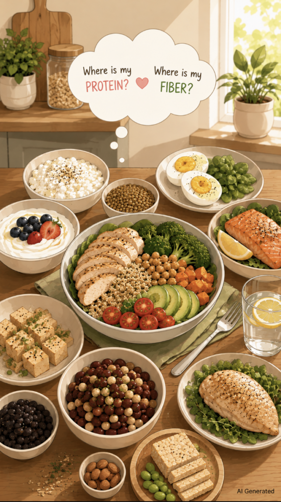 A warm, feminine digital illustration of a sunlit kitchen table filled with protein- and fiber-rich foods, including chicken, salmon, eggs, Greek yogurt, cottage cheese, tofu, beans, lentils, chickpeas, vegetables, berries, and nuts. A thought bubble above the meal reads, “Where is my protein? Where is my fiber?”