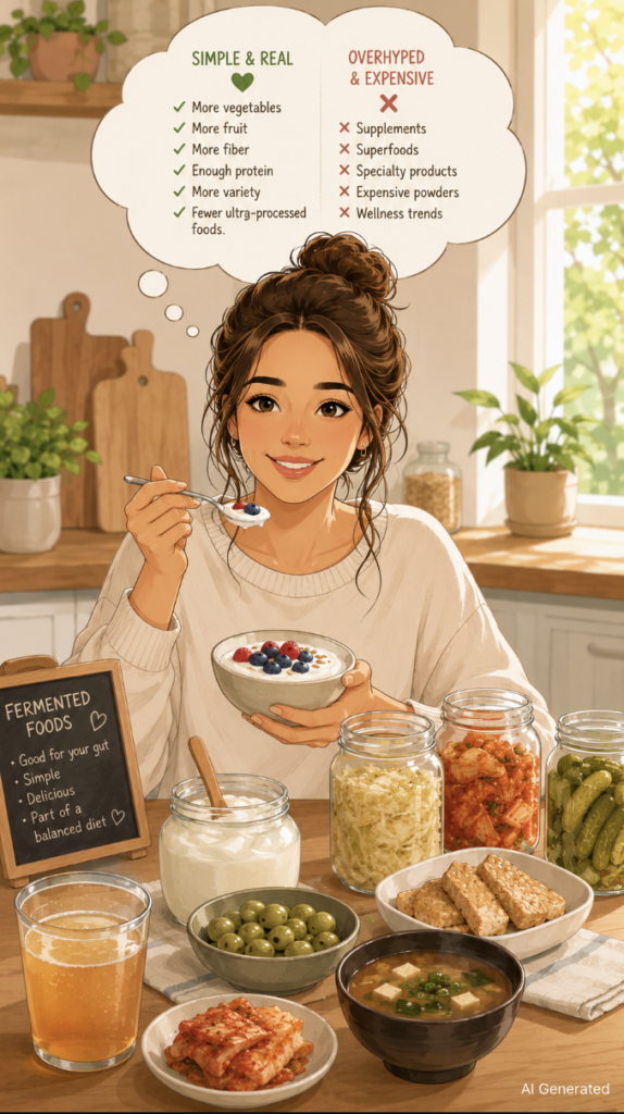 A warm, feminine digital illustration of a smiling woman in a bright kitchen enjoying a bowl of yogurt with fresh berries. The table is filled with fermented foods such as yogurt, sauerkraut, kimchi, pickles, tempeh, olives, miso, and kombucha, emphasizing a simple and balanced approach to gut-friendly eating.