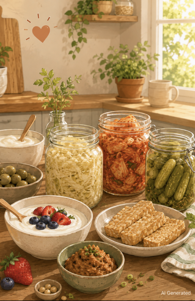 A warm, feminine digital illustration of a bright, sunlit kitchen table filled with fermented foods, including yogurt with fresh berries, sauerkraut, kimchi, pickles, olives, tempeh, miso, and kombucha, surrounded by fresh herbs and plants for a cozy, wholesome atmosphere.