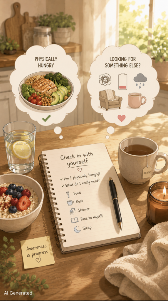 A warm, feminine digital illustration of a cozy sunlit kitchen table with a journal, tea, lemon water, oatmeal with berries, and a candle. Thought bubbles contrast physical hunger with emotional needs such as stress, tiredness, comfort, and rest, encouraging mindful eating and checking in with yourself.