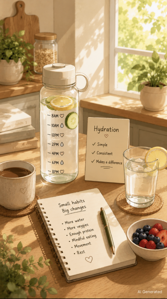 A warm, feminine kitchen scene featuring a large water bottle with lemon and cucumber, a glass of lemon water, coffee, fresh berries, and a notebook with simple healthy habits. Soft sunlight, plants, and natural wooden details create a calm and inviting atmosphere focused on hydration and everyday wellness.