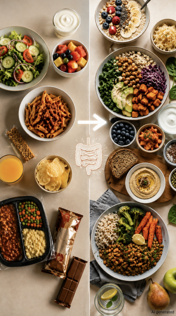 Overhead comparison of processed foods and colorful whole foods, highlighting a shift toward a more diverse, fiber-rich, gut-friendly diet.