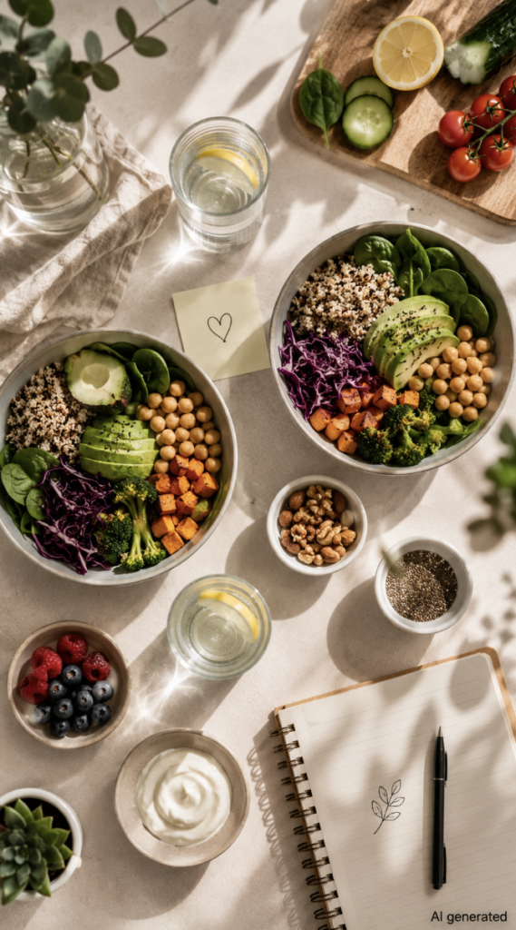 Two colorful, fiber-rich whole-food bowls surrounded by fresh vegetables, berries, nuts, seeds, yogurt and water, representing a shared gut health journey and healthy eating habits.