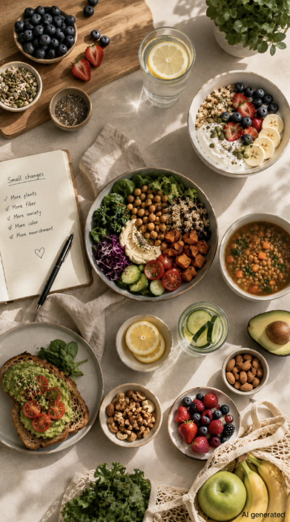 Colorful spread of fiber-rich whole foods, including fruits, vegetables, grains, legumes, nuts and seeds, representing simple everyday changes for a healthier, more balanced diet.